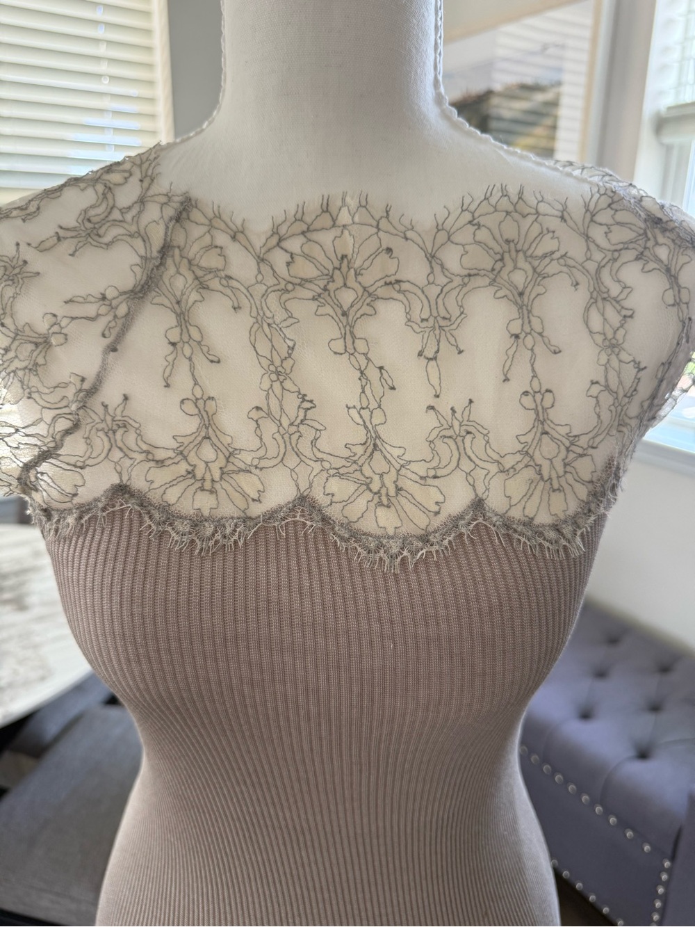 Delicately made from Italian lace and rib short sleeve. Absolutely stunning